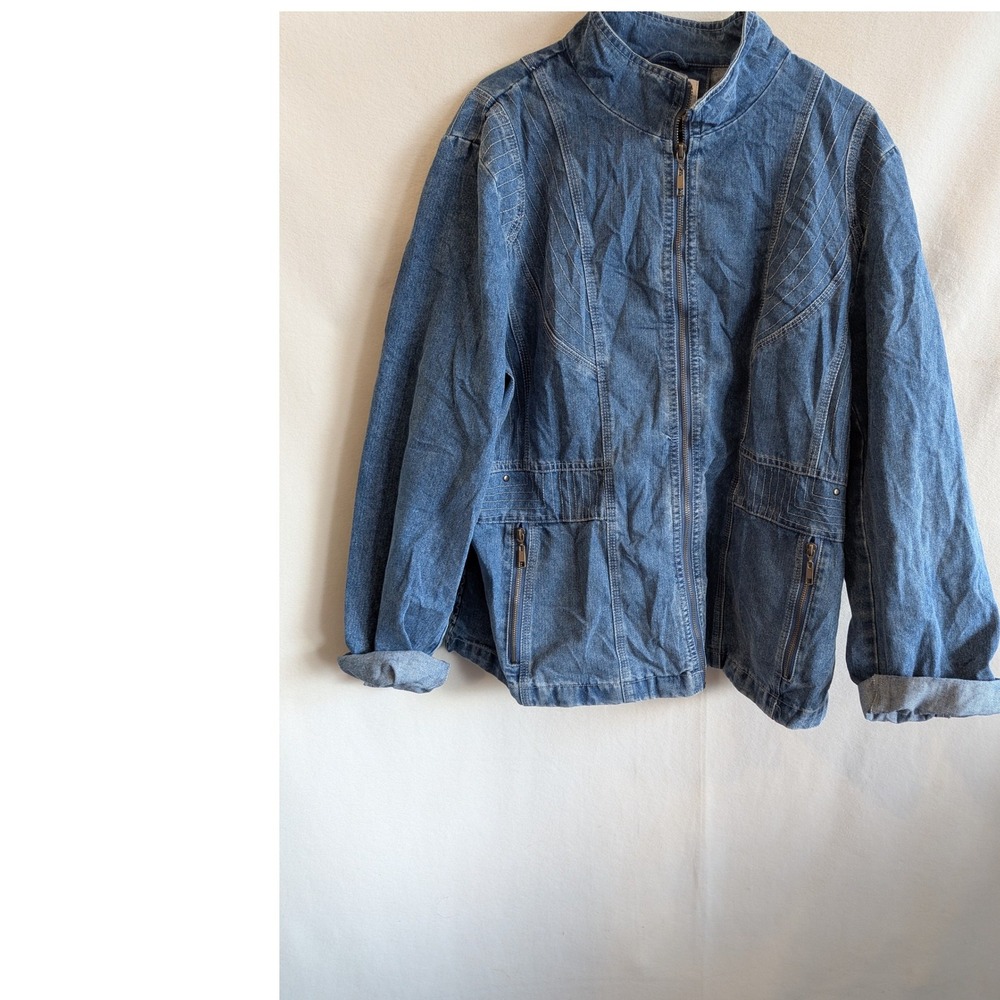Saturne Paris Blue Denim Zip Up Jacket Smocked Side Panels Medium Wash